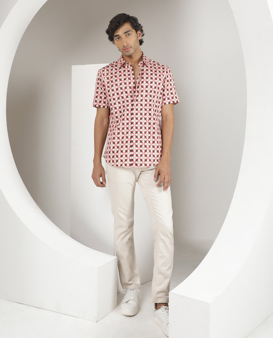 Rare Rabbit Men's Stanet Pink Cotton Geometric Print Regular Fit Half Sleeve Collared Shirt