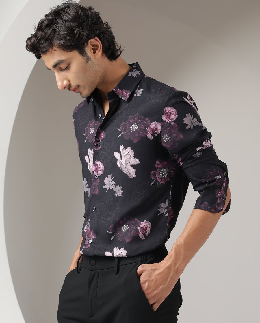 Rare Rabbit Men's Boro Purple Viscose Floral Print Regular Fit Full Sleeve Collared Shirt