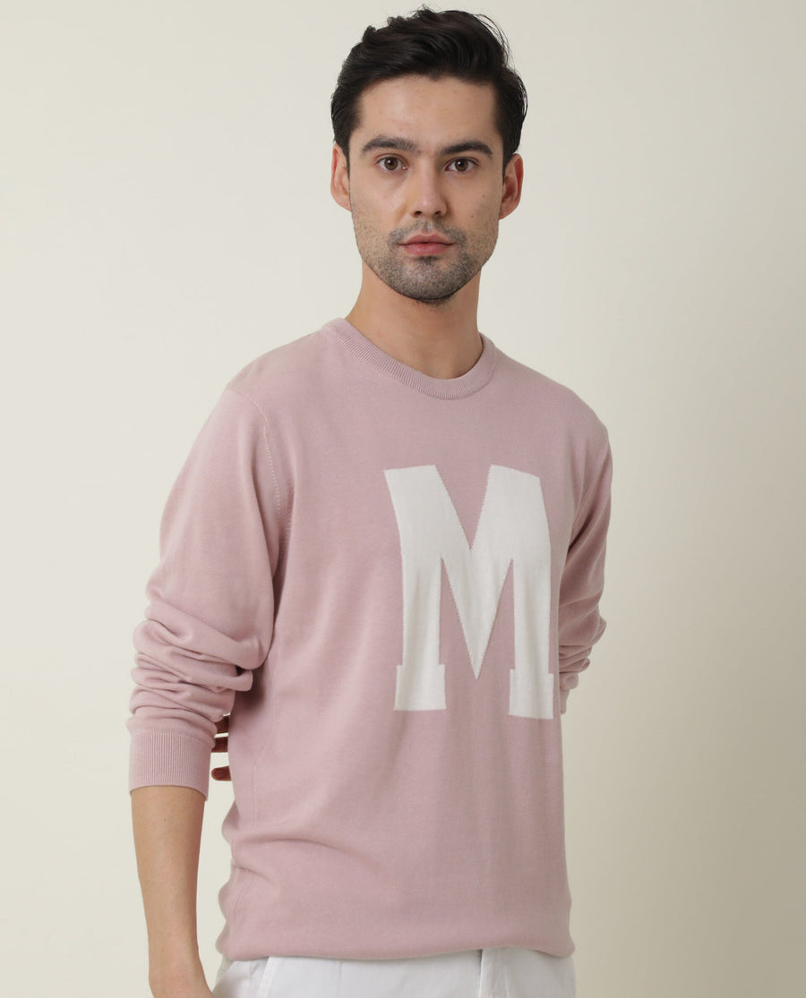 Rare Rabbit Men's Avitt Pink Cotton Jacquard Regular Fit Full Sleeve Crew Neck Sweater