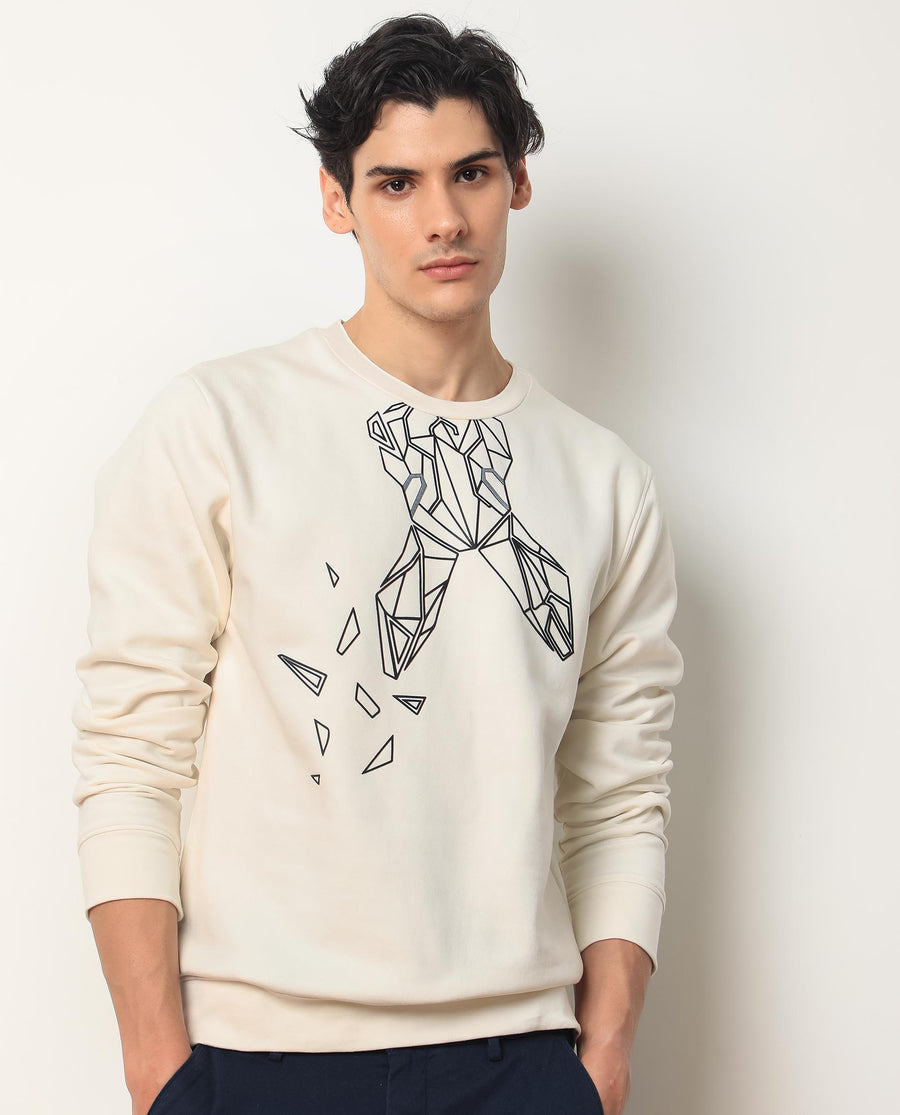 Rare Rabbit Men's Oakk White Graphic Print Regular Fit Full Sleeve Crew Neck Sweatshirt