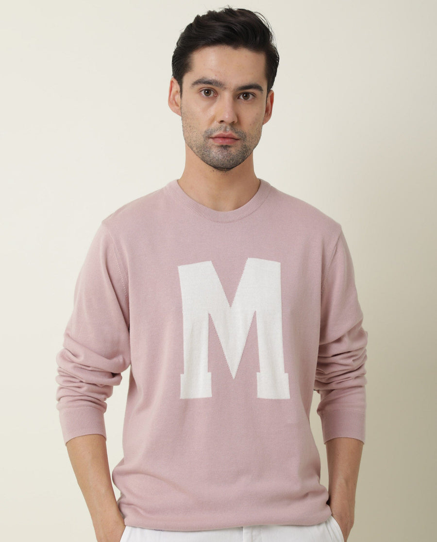 Rare Rabbit Men's Avitt Pink Cotton Jacquard Regular Fit Full Sleeve Crew Neck Sweater