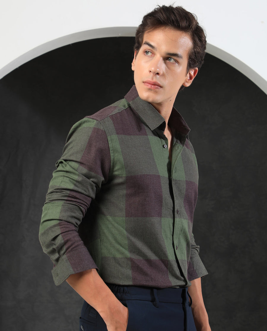 Rare Rabbit Men's Beaver Olive Cotton Checked Print Regular Fit Full Sleeve Collared Shirt