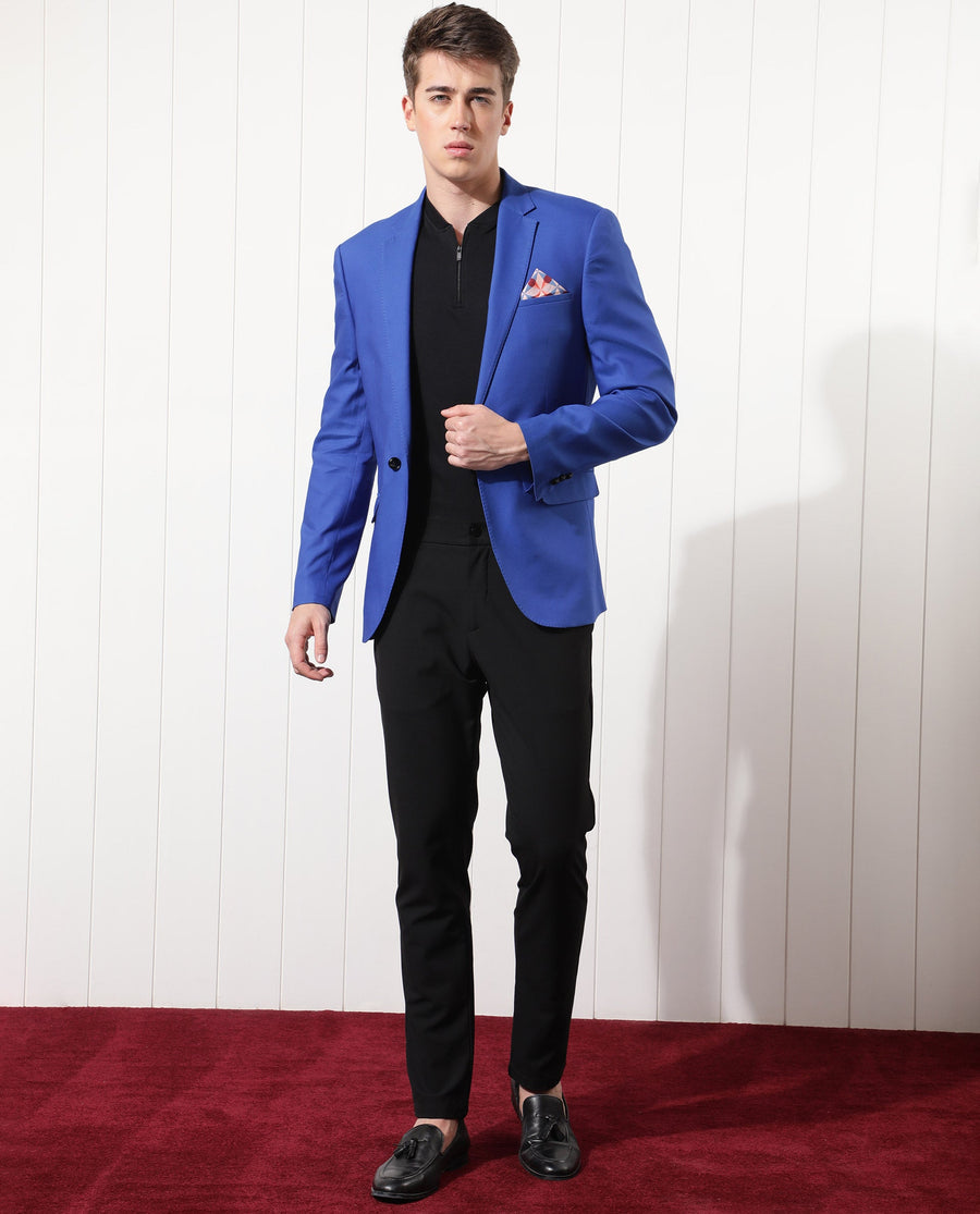 Rare Rabbit Men's Bart Blue Polyester Plain Tailored Fit Full Sleeve Lapel Neck Blazer