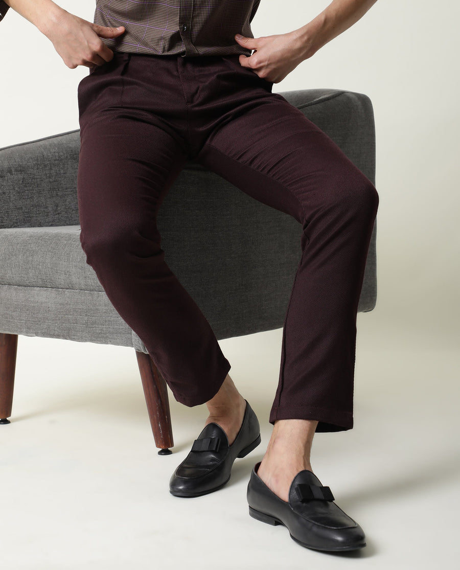 Rare Rabbit Men's Edit Maroon Polyester Plain Slim Fit Trouser