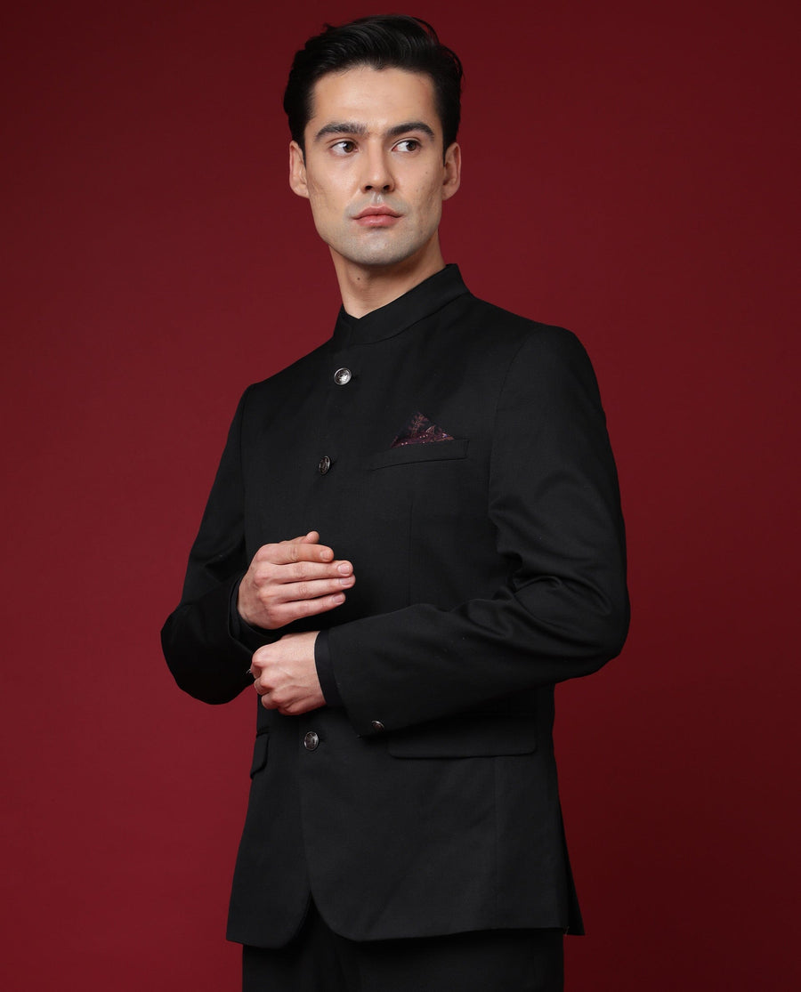 Rare Rabbit Men's Aero Black Polyester Plain Tailored Fit Full Sleeve Mandarin Collar Bandhgala Jodhpuri