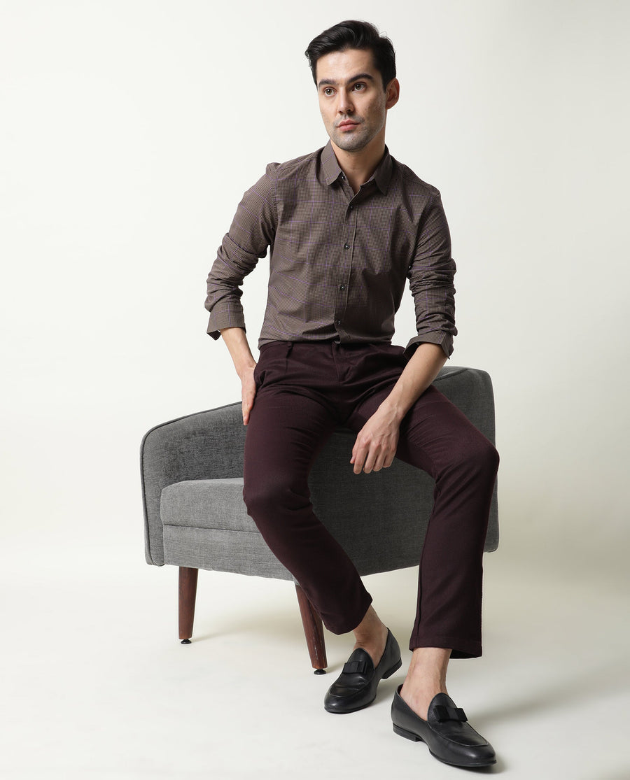 Rare Rabbit Men's Edit Maroon Polyester Plain Slim Fit Trouser