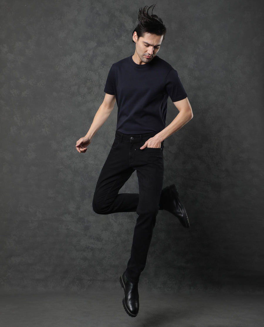 Rare Rabbit Men's Astra Black Cotton Plain Hawk Slim Fit Jeans