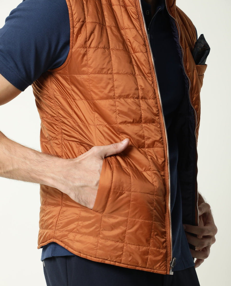 Rare Rabbit Men's Fillex Dark Blue Nylon Plain Regular Fit Sleeveless Mandarin Collar Jacket