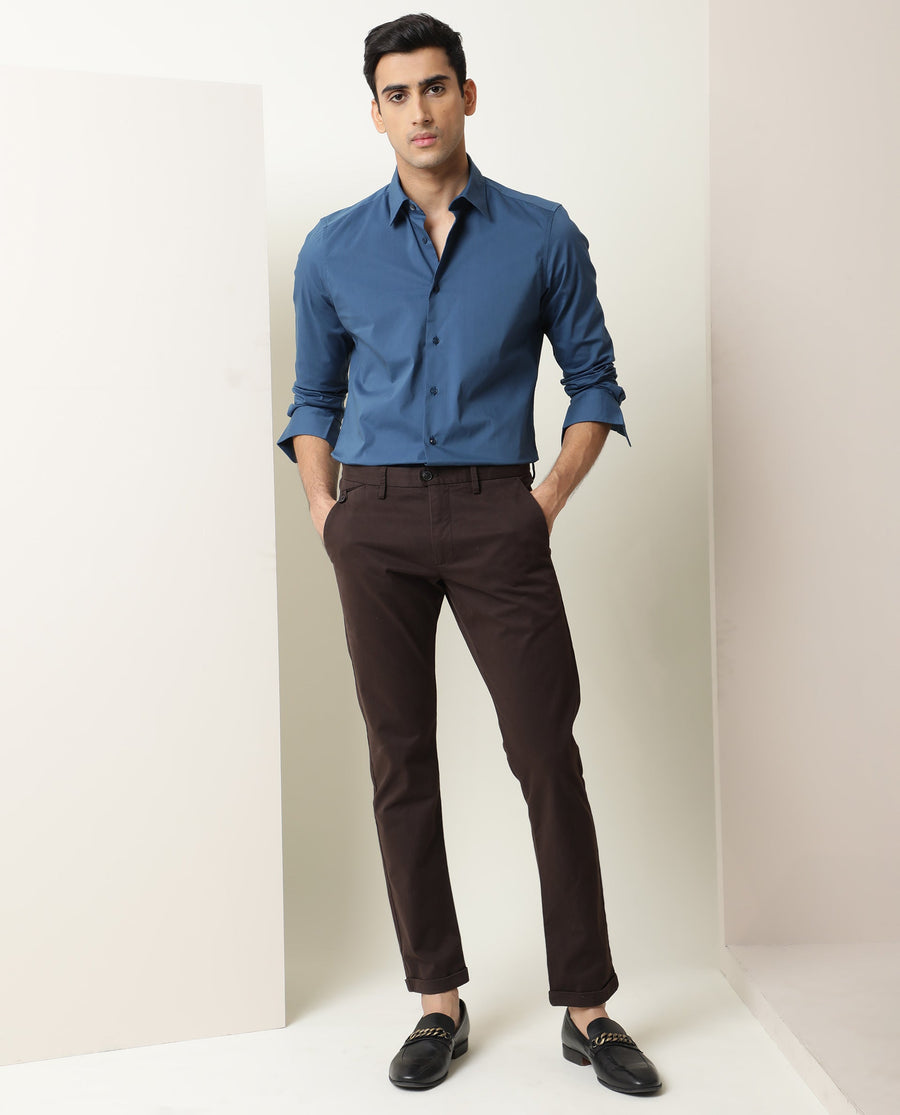 Rare Rabbit Men's Benedict Blue Cotton Plain Regular Fit Full Sleeve Collared Shirt