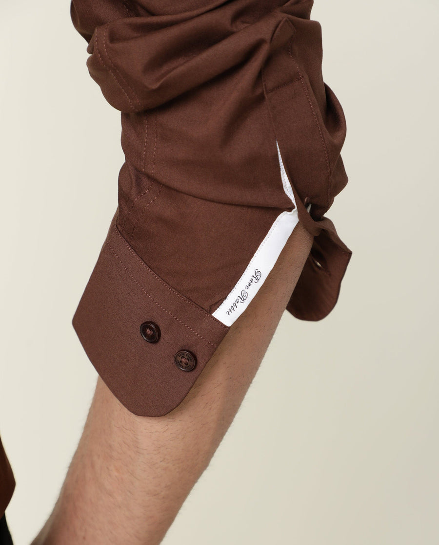 Rare Rabbit Men's Benedict Brown Cotton Plain Regular Fit Full Sleeve Collared Shirt