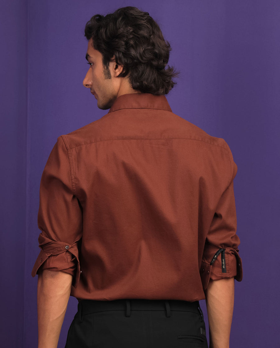 Rare Rabbit Men's Bicton Brown Cotton Plain Regular Fit Full Sleeve Collared Shirt