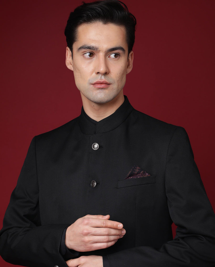 Rare Rabbit Men's Aero Black Polyester Plain Tailored Fit Full Sleeve Mandarin Collar Bandhgala Jodhpuri