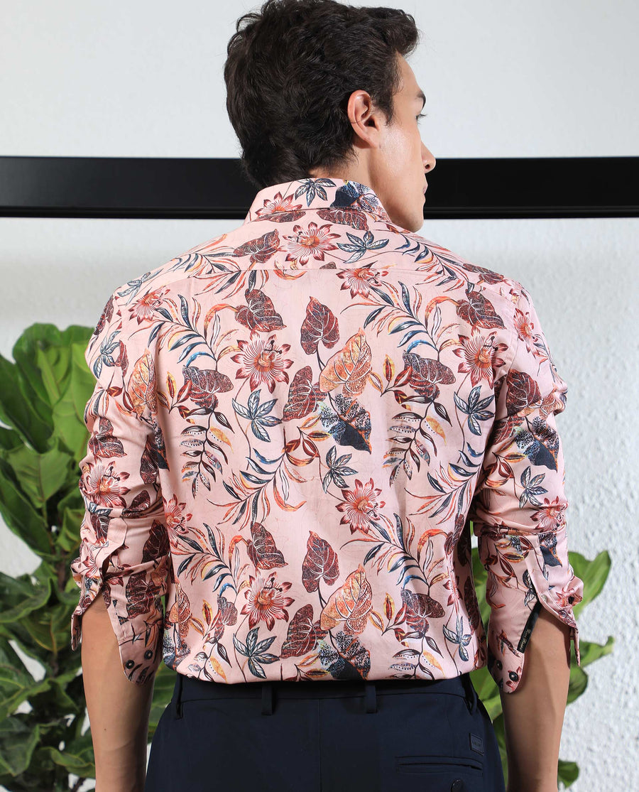 Rare Rabbit Men's Mison Pink Cotton Floral Print Regular Fit Full Sleeve Collared Shirt