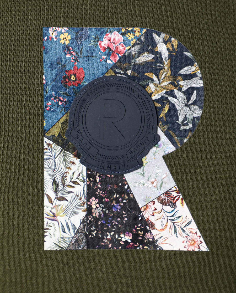 Rare Rabbit Men's Astor Olive Cotton Graphic Print Regular Fit Full Sleeve Crew Neck Sweatshirt