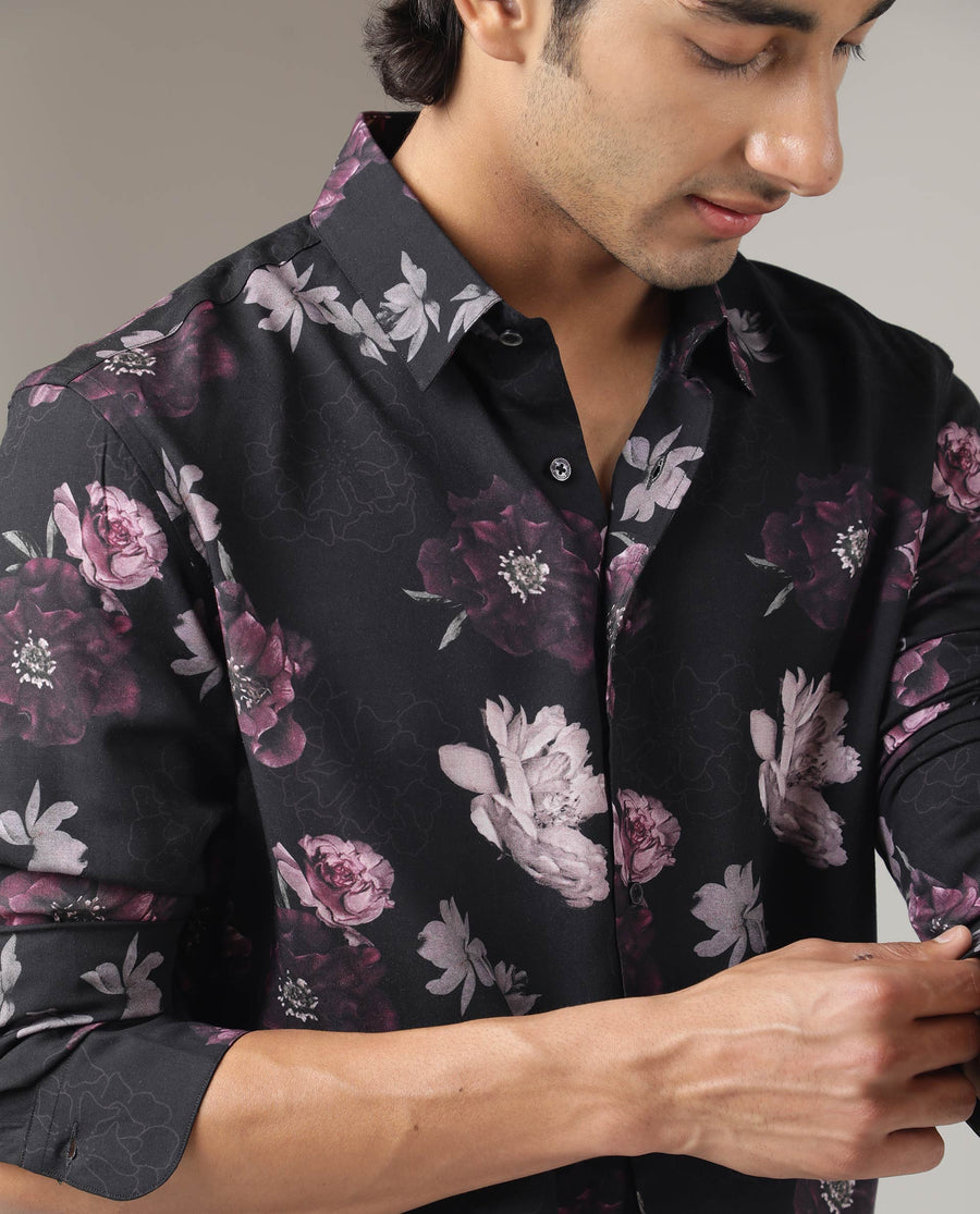 Rare Rabbit Men's Boro Purple Viscose Floral Print Regular Fit Full Sleeve Collared Shirt