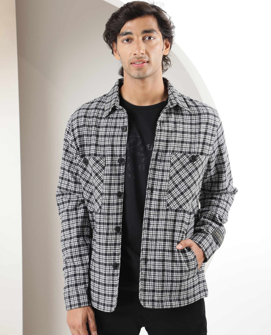 Rare Rabbit Men's Maxon Black Checked Print Regular Fit Full Sleeve Collared Jacket