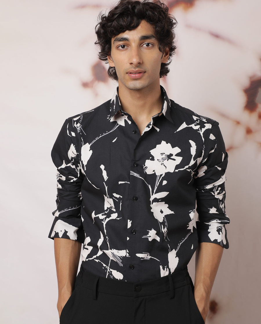 Rare Rabbit Men's Sketcherr Black Cotton Floral Print Regular Fit Full Sleeve Collared Shirt