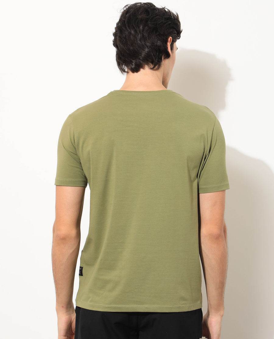 Rare Rabbit Men's Tack Olive Cotton Graphic Print Regular Fit Half Sleeve Crew Neck T-Shirt