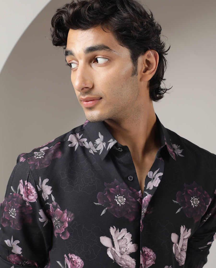 Rare Rabbit Men's Boro Purple Viscose Floral Print Regular Fit Full Sleeve Collared Shirt