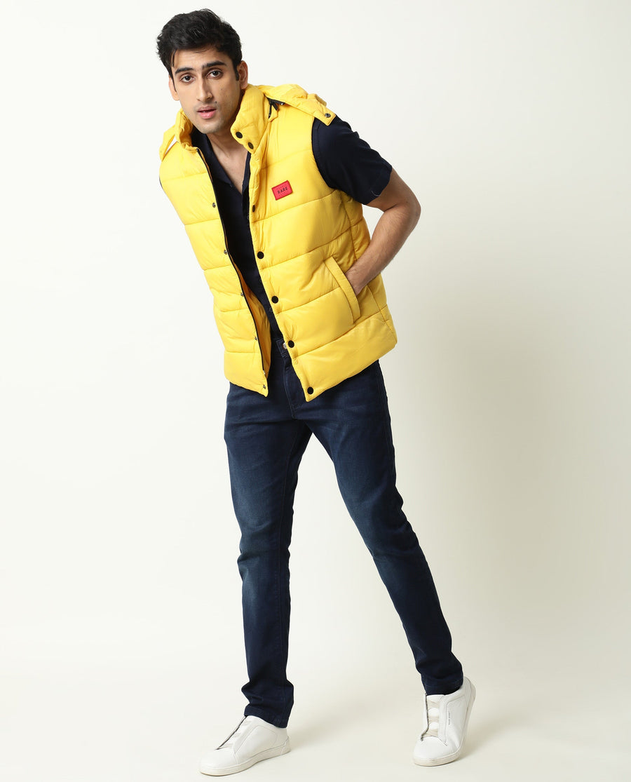 Rare Rabbit Men's Depot Yellow Nylon Plain Slim Fit Sleeveless Hooded Jacket