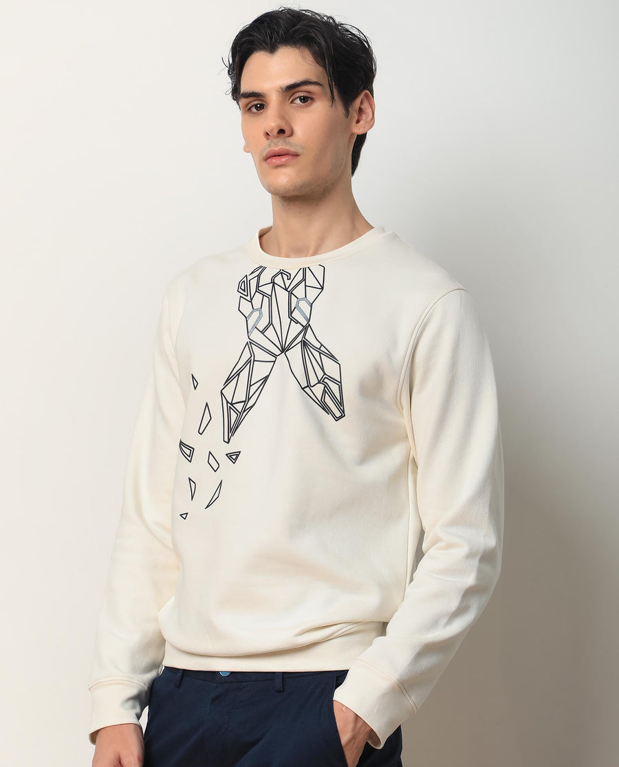 Rare Rabbit Men's Oakk White Graphic Print Regular Fit Full Sleeve Crew Neck Sweatshirt