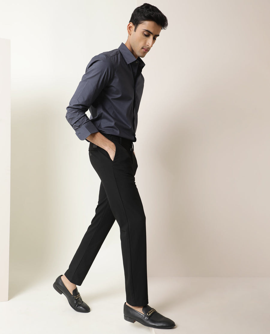 Rare Rabbit Men's Benedict Dark Grey Cotton Plain Regular Fit Full Sleeve Collared Shirt