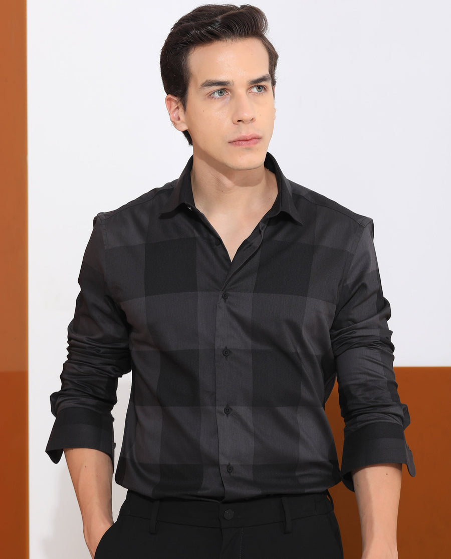 Rare Rabbit Men's Santhe Black Cotton Checked Print Regular Fit Full Sleeve Collared Shirt