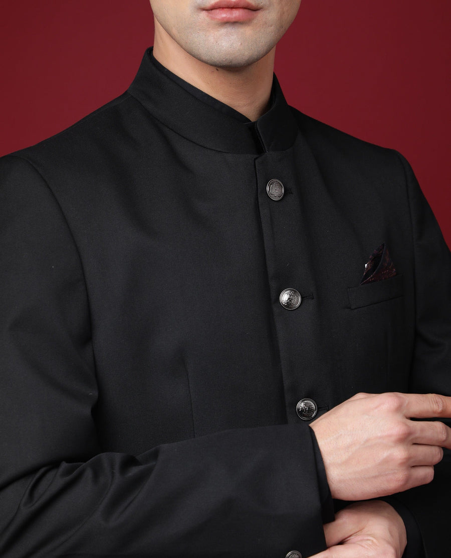 Rare Rabbit Men's Aero Black Polyester Plain Tailored Fit Full Sleeve Mandarin Collar Bandhgala Jodhpuri