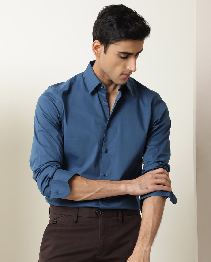Rare Rabbit Men's Benedict Blue Cotton Plain Regular Fit Full Sleeve Collared Shirt