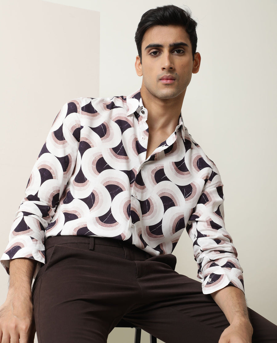 Rare Rabbit Men's Febug Off White Viscose Geometric Print Regular Fit Full Sleeve Collared Shirt
