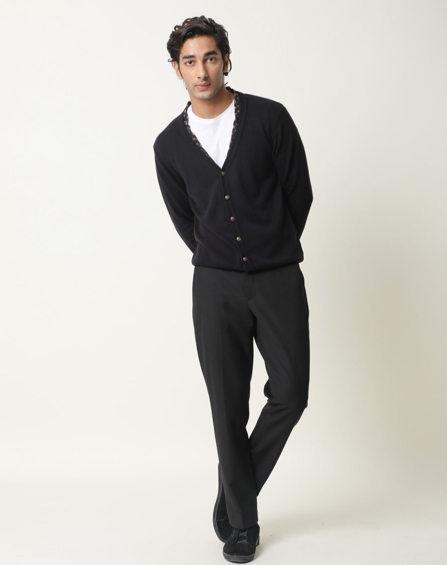 Rare Rabbit Men's Richer Black Cotton Plain Relaxed Fit Full Sleeve V-Neck Sweater