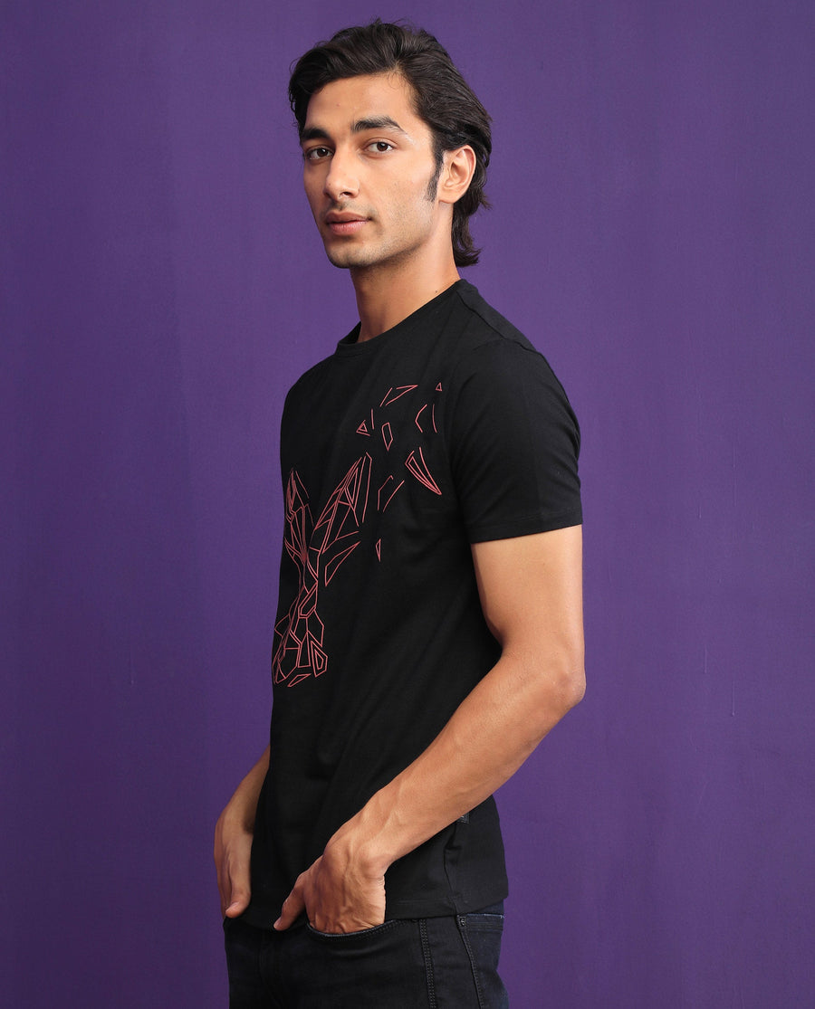 Rare Rabbit Men's Flames 2 Black Cotton Graphic Print Slim Fit Half Sleeve Crew Neck T-Shirt