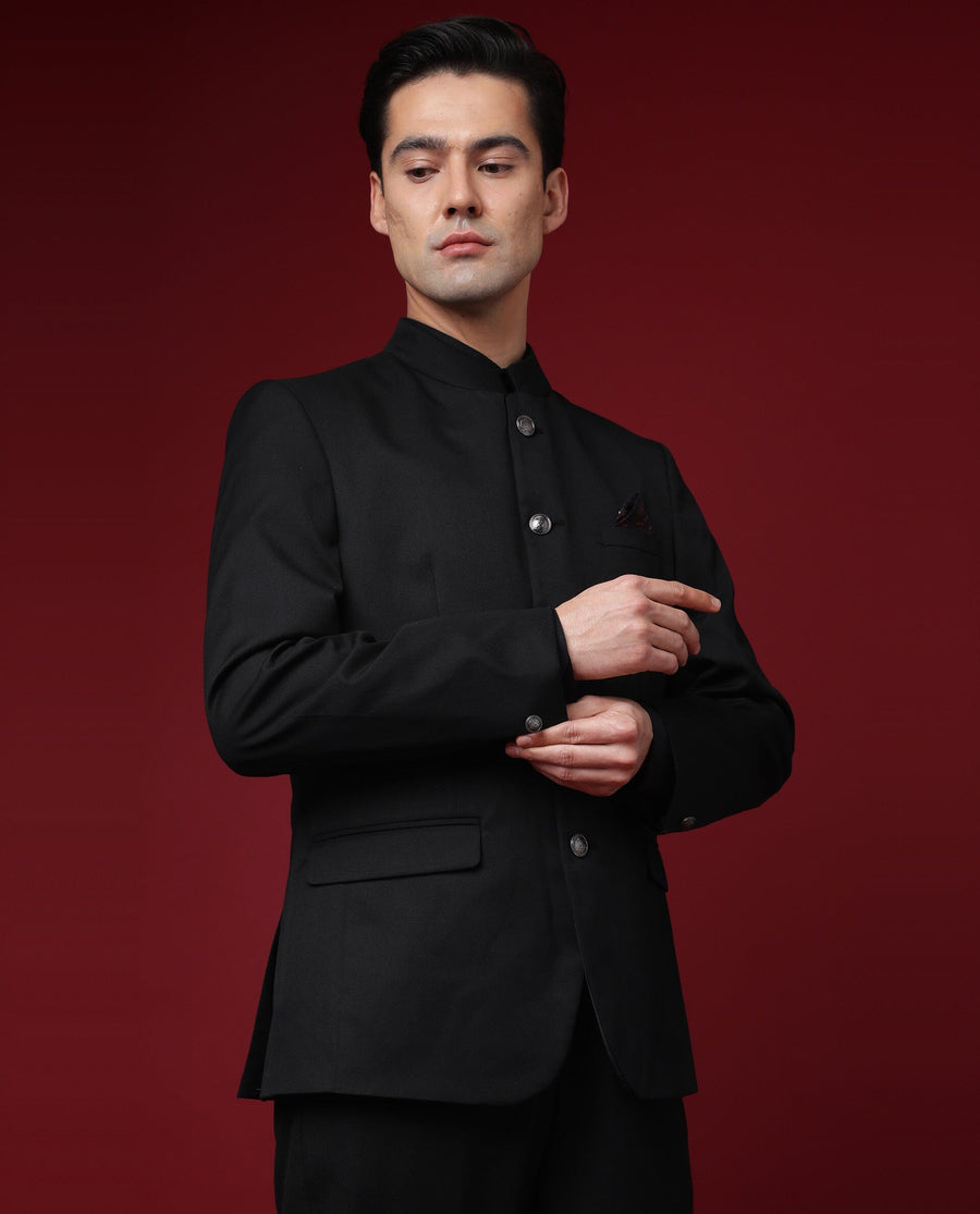 Rare Rabbit Men's Aero Black Polyester Plain Tailored Fit Full Sleeve Mandarin Collar Bandhgala Jodhpuri
