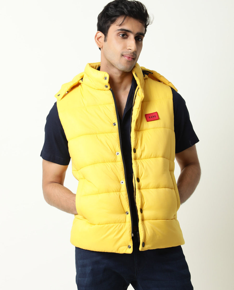 Rare Rabbit Men's Depot Yellow Nylon Plain Slim Fit Sleeveless Hooded Jacket