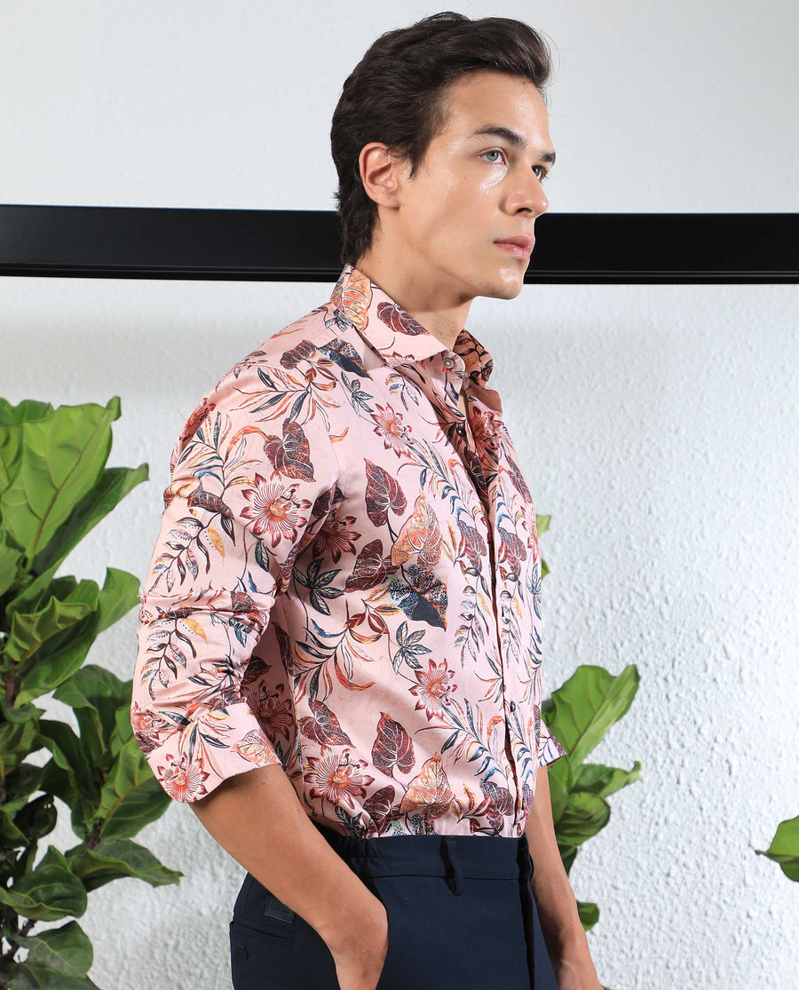 Rare Rabbit Men's Mison Pink Cotton Floral Print Regular Fit Full Sleeve Collared Shirt