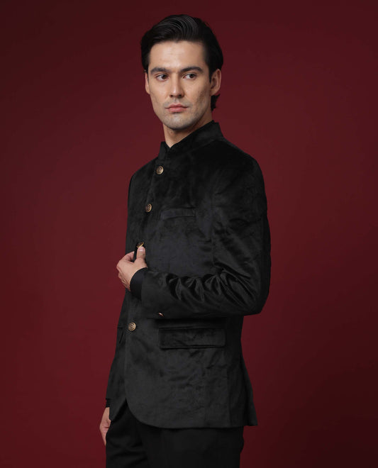 Rare Rabbit Men's Core Black Velvet Plain Tailored Fit Full Sleeve Mandarin Collar BandhgalaJodhpuri