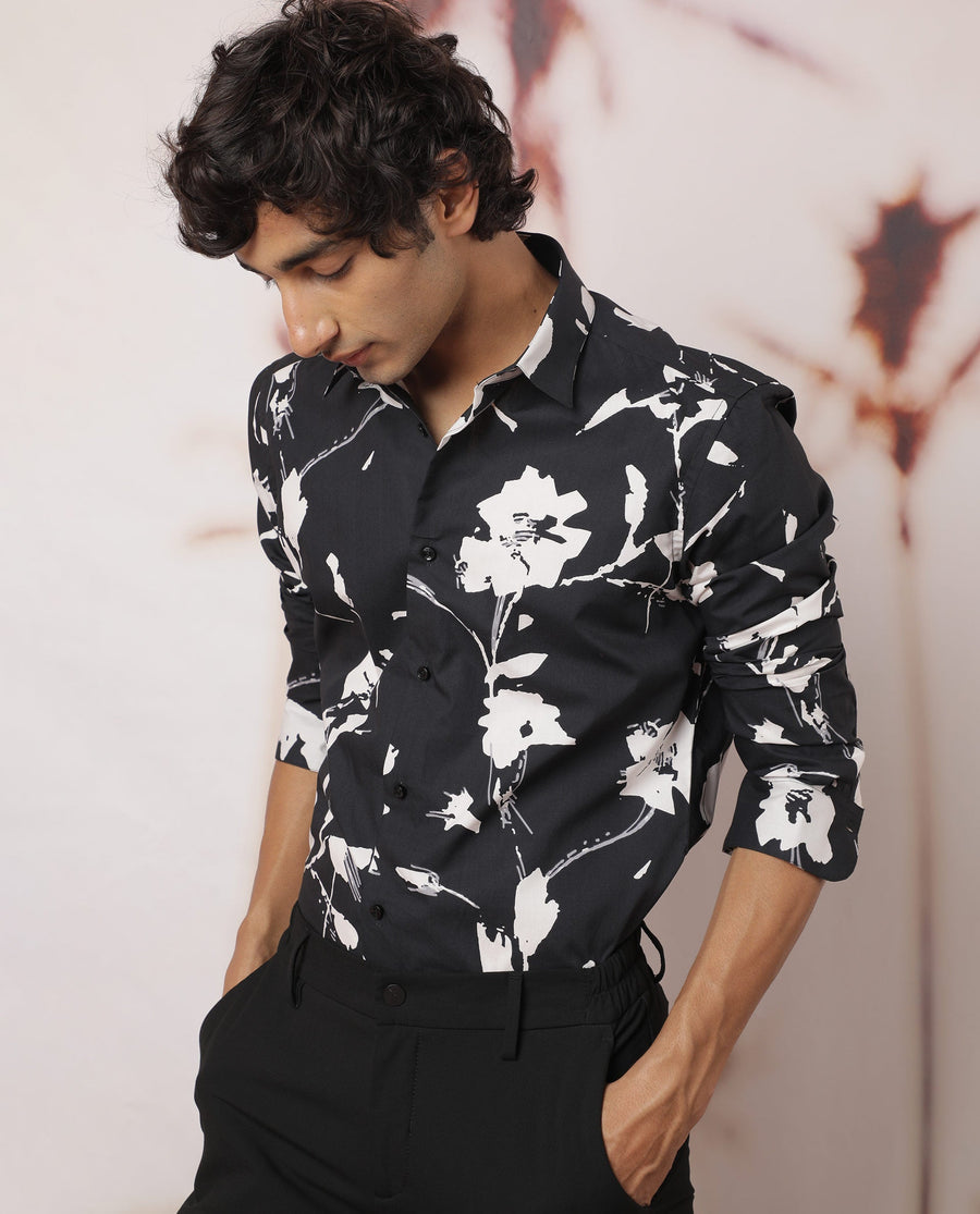 Rare Rabbit Men's Sketcherr Black Cotton Floral Print Regular Fit Full Sleeve Collared Shirt