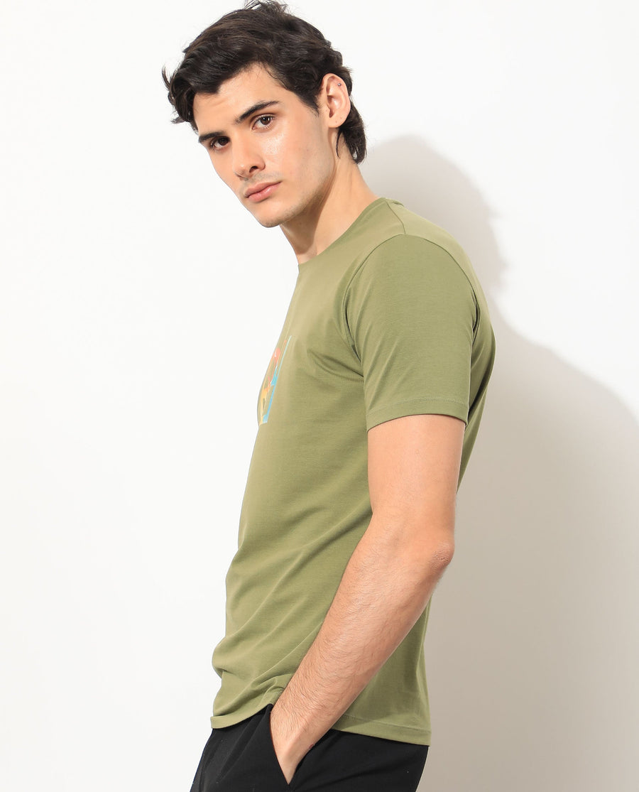 Rare Rabbit Men's Tack Olive Cotton Graphic Print Regular Fit Half Sleeve Crew Neck T-Shirt
