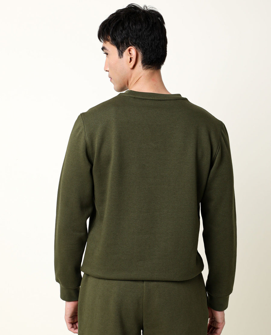 Rare Rabbit Men's Astor Olive Cotton Graphic Print Regular Fit Full Sleeve Crew Neck Sweatshirt