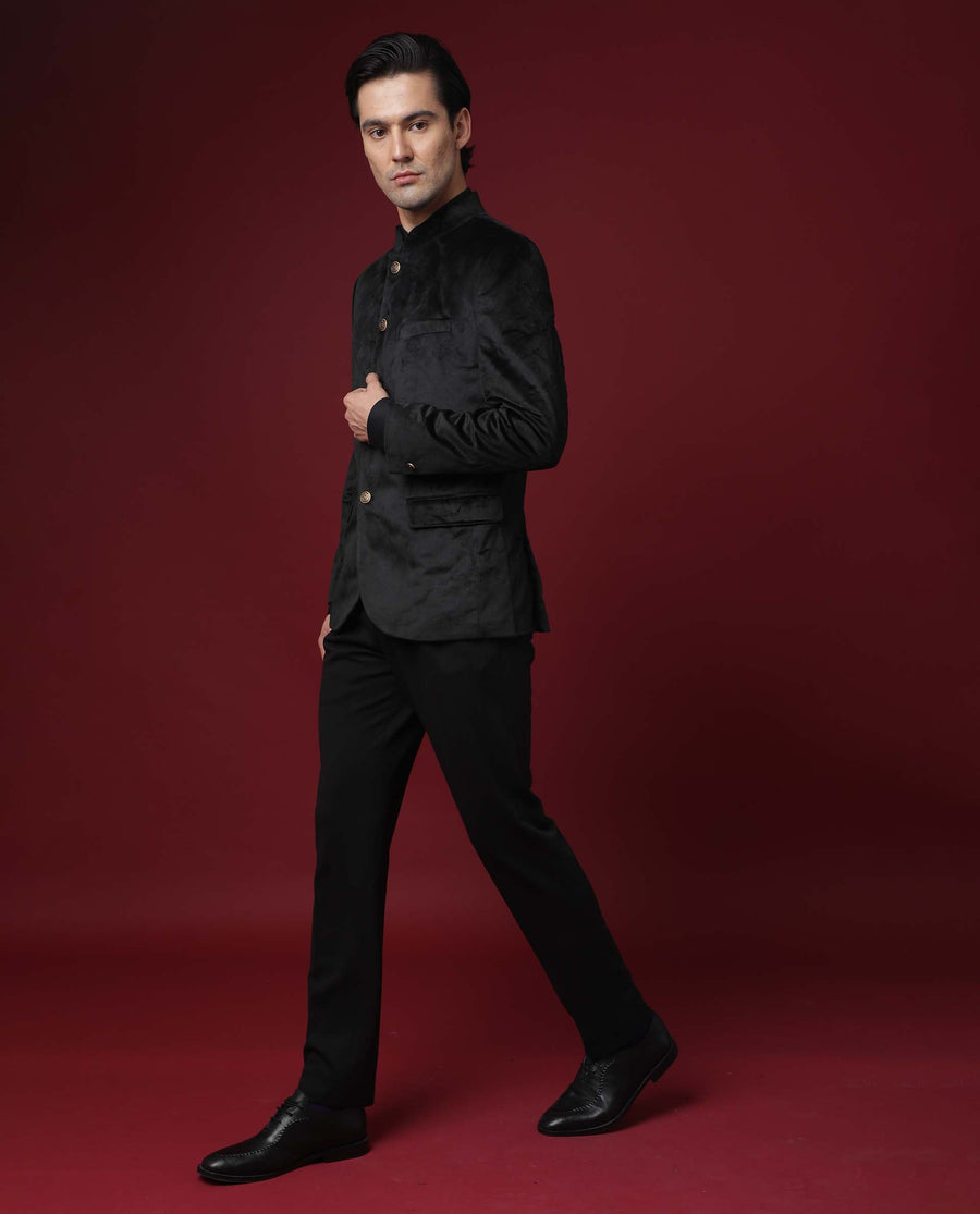 Rare Rabbit Men's Core Black Velvet Plain Tailored Fit Full Sleeve Mandarin Collar BandhgalaJodhpuri