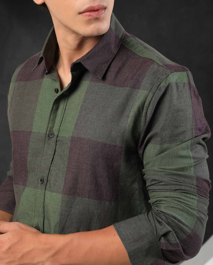 Rare Rabbit Men's Beaver Olive Cotton Checked Print Regular Fit Full Sleeve Collared Shirt