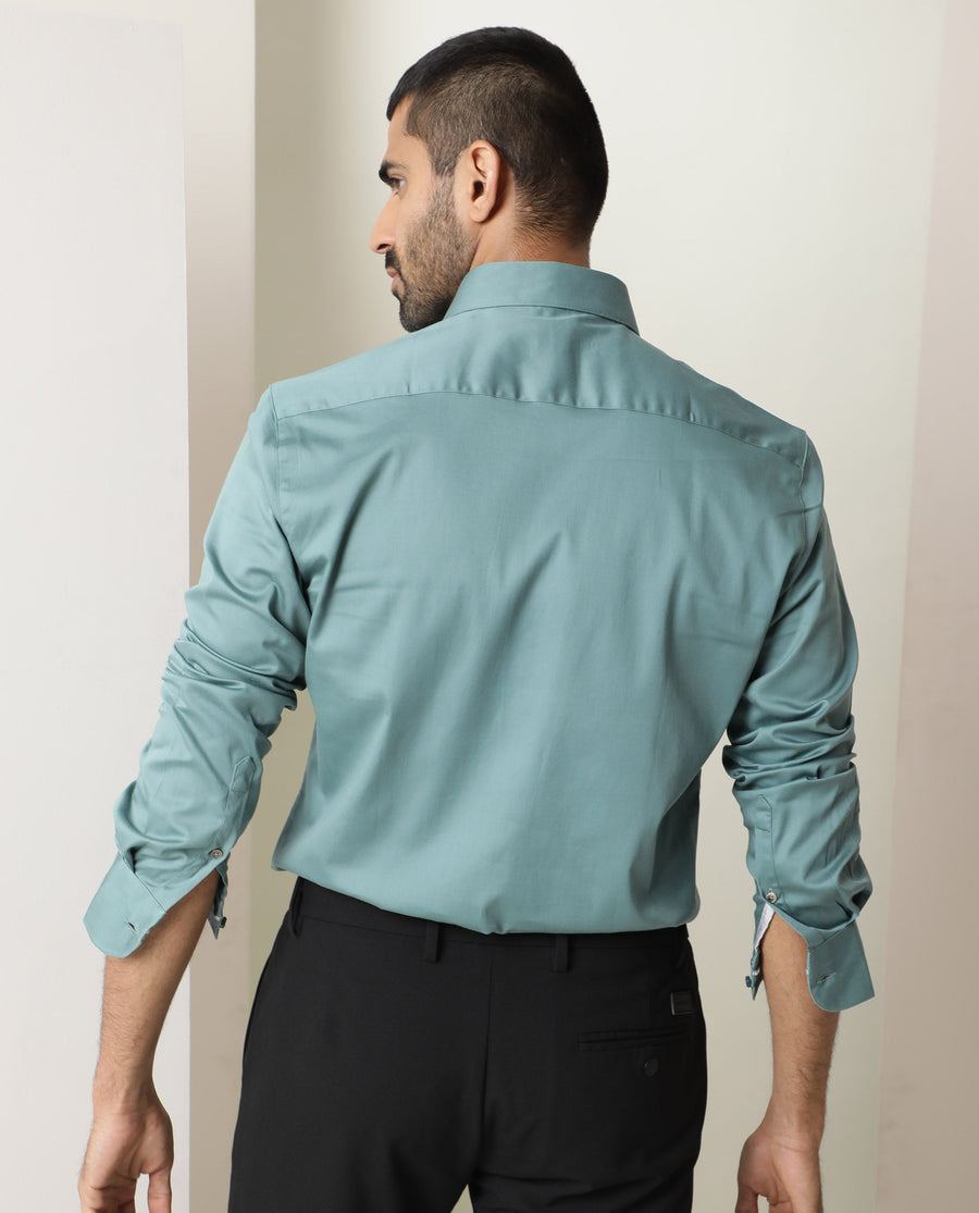 Rare Rabbit Men's Como Green Satin Plain Regular Fit Full Sleeve Collared Shirt