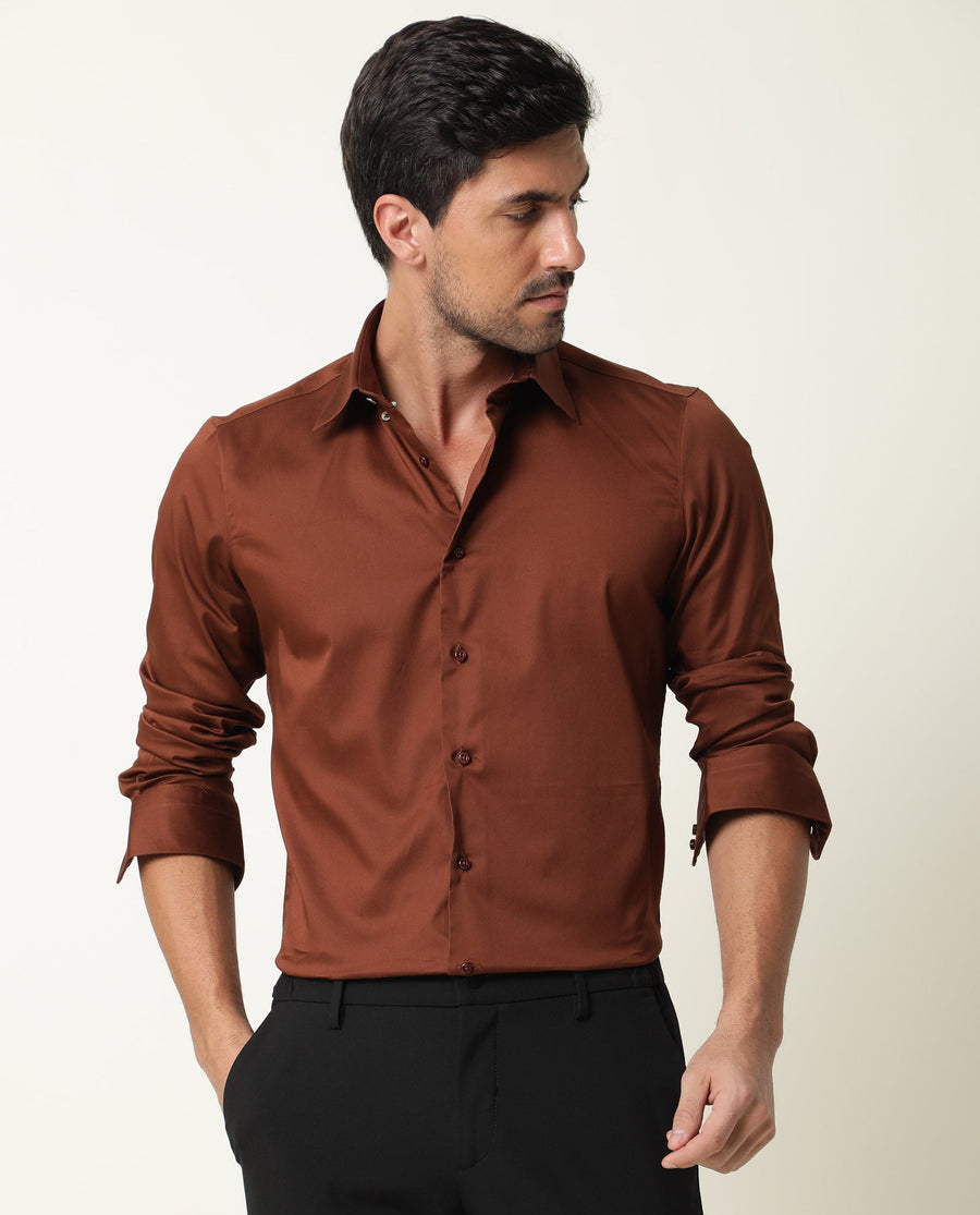 Rare Rabbit Men's Holand Rust Satin Plain Regular Fit Full Sleeve Collared Shirt