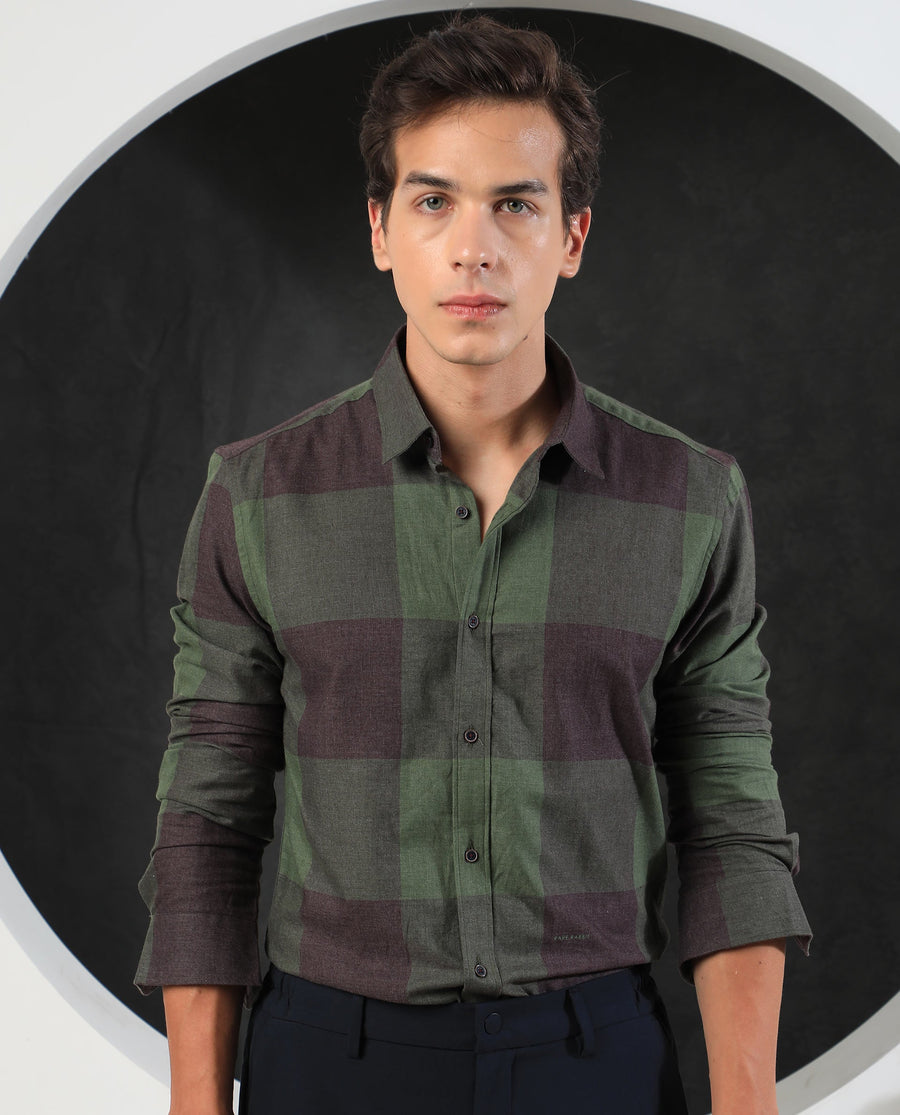 Rare Rabbit Men's Beaver Olive Cotton Checked Print Regular Fit Full Sleeve Collared Shirt