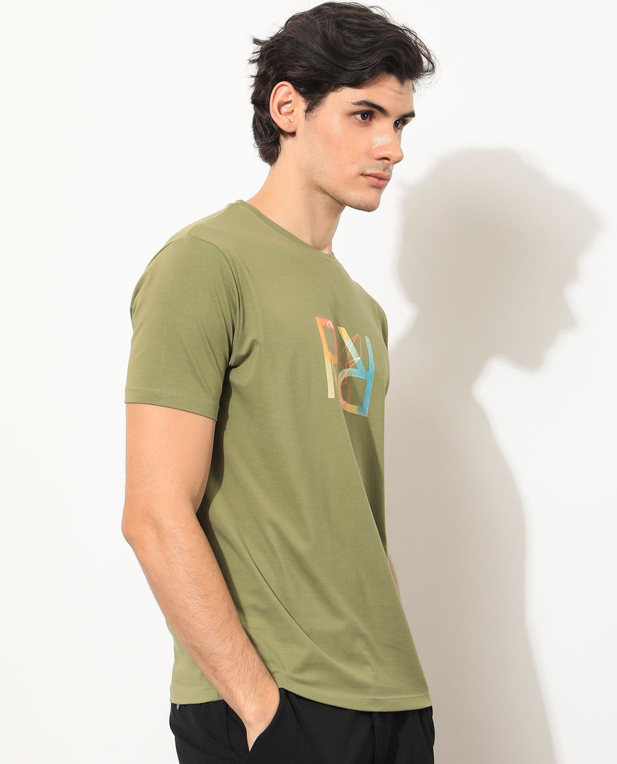 Rare Rabbit Men's Tack Olive Cotton Graphic Print Regular Fit Half Sleeve Crew Neck T-Shirt