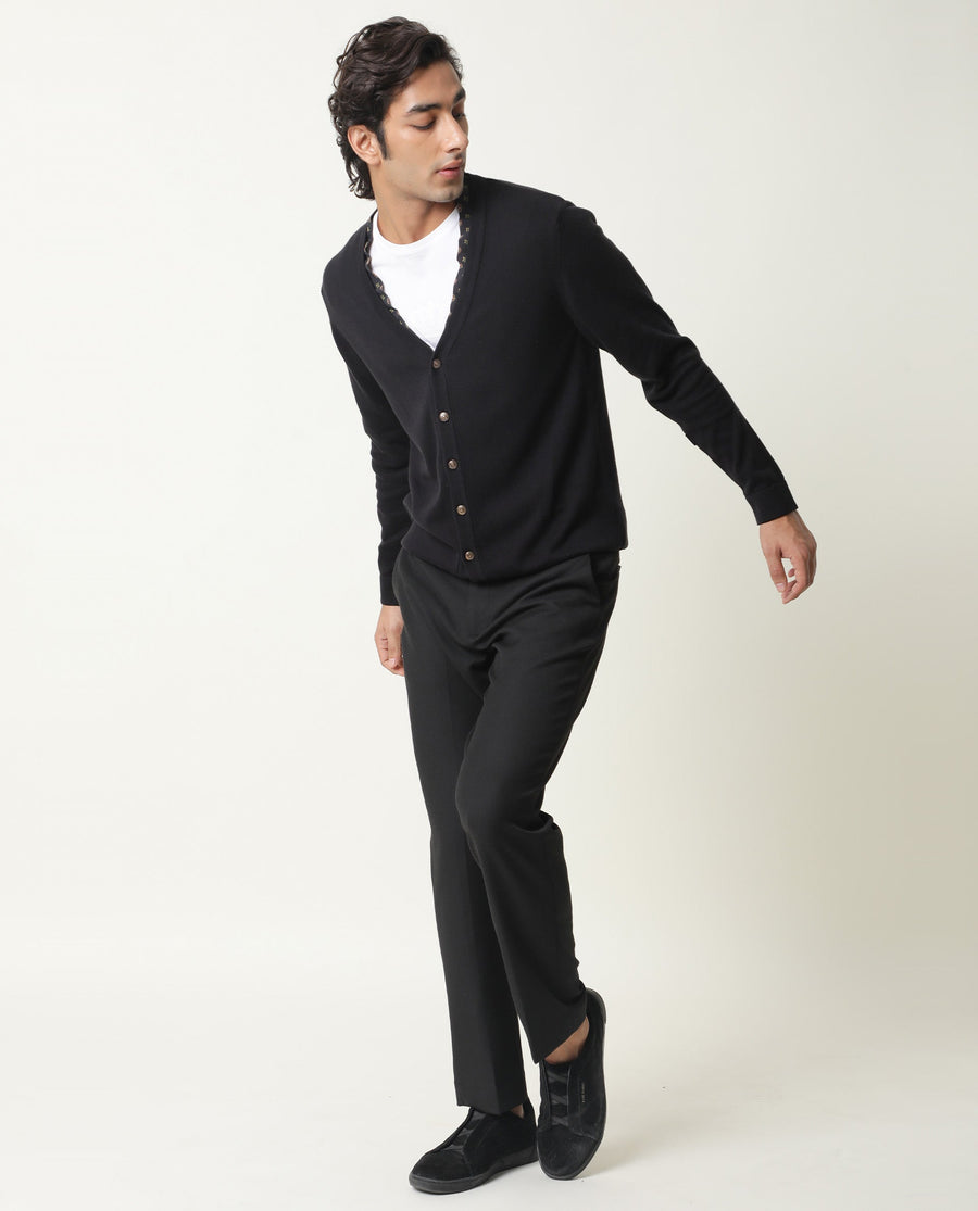 Rare Rabbit Men's Richer Black Cotton Plain Relaxed Fit Full Sleeve V-Neck Sweater