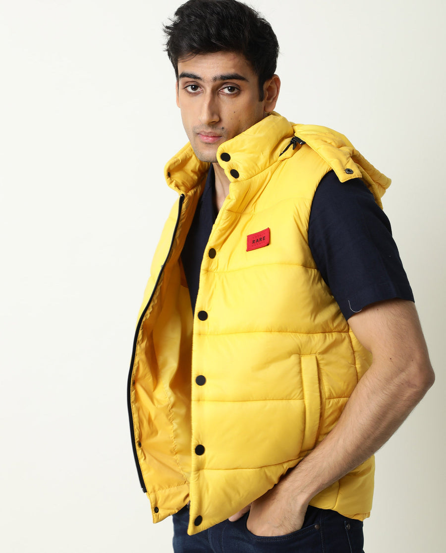 Rare Rabbit Men's Depot Yellow Nylon Plain Slim Fit Sleeveless Hooded Jacket