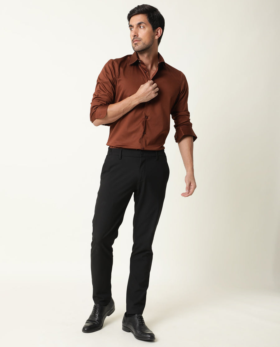 Rare Rabbit Men's Holand Rust Satin Plain Regular Fit Full Sleeve Collared Shirt