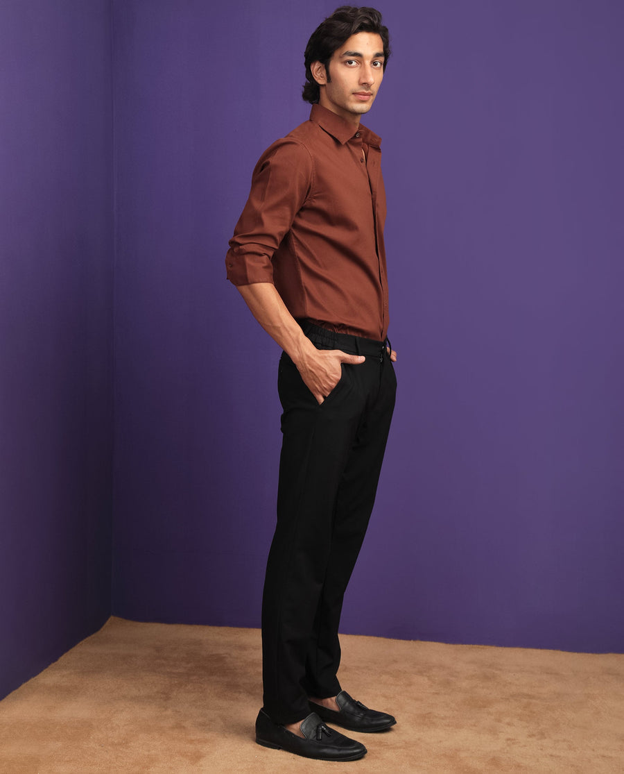 Rare Rabbit Men's Bicton Brown Cotton Plain Regular Fit Full Sleeve Collared Shirt