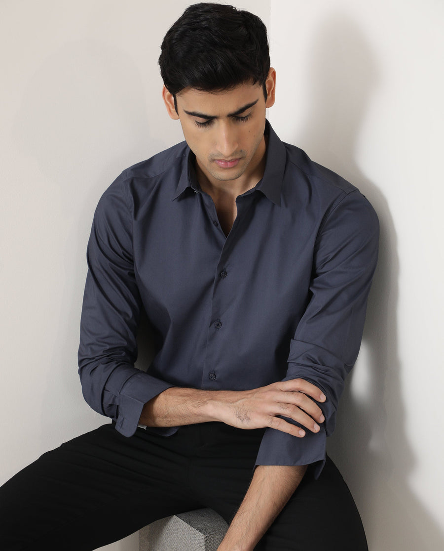 Rare Rabbit Men's Benedict Dark Grey Cotton Plain Regular Fit Full Sleeve Collared Shirt